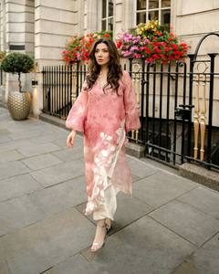 Pink Floral Printed Abaya Dress Women Muslim Long Sleeve Embroidered Jalabiya Set for Middle East Occasions - Product Image 1