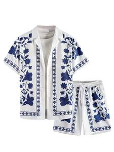 Conjunto de dos piezas con estampado floral para hombre, camisa de manga corta con botones y pantalones cortos con cintura elástica, conjunto ligero de playa para verano - Product Image 6