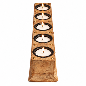 Indirae Artistry Porte-bougie en bois artisanal à 5 blocs |   Support de bougie tealight rustique |   Décoration de Noël et d'anniversaire pour la maison - Product Image 2