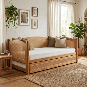Sofá Extensible de 3 Plazas de Madera de Teca Sólida y Ratán, Estilo Moderno de Mediados de Siglo, Acabado Natural, Banco Extensible sin Colchón, para Sala de Estar o Dormitorio - Product Image 4