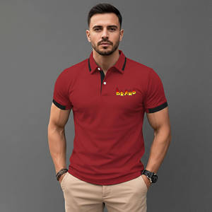 High Quality Men's Red Short Sleeve for <b>Shirt</b> with <b>Flame</b> Logo Turn Collar Regular Fit Casual Breathable Cotton Knitted Fabric - Product Image 1
