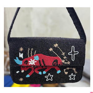 Sac à main en coton noir et or perlé, brodé à la main, motif animal unique, rayures, fermeture magnétique, par Ziyan Handicraft - Product Image 4