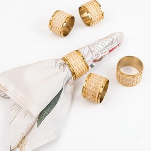 Handmade Gold Plated Metal Napkin Rings With Natural Cane Weaving Set Of 4 Luxury <b>Table</b> Decor <b>For</b> Wedding Banquet Hotel Dining - Product Image 1
