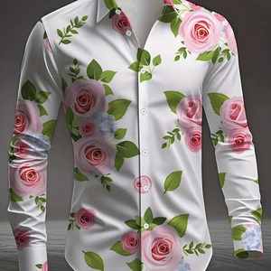 Chemise à manches longues pour homme, col à revers, imprimé rose, vacances à la plage hawaïenne, décontractée, pour les fêtes, de haute qualité, confortable, matière polyester douce - Product Image 1