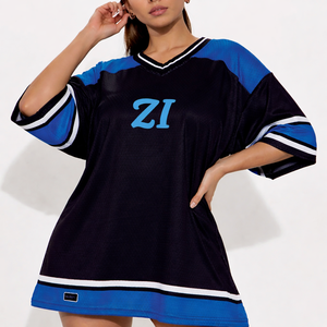 Camiseta deportiva de fútbol americano de primera calidad, personalizada, negra y azul, para mujer, estilo urbano, OEM, ODM, marca privada. - Product Image 5