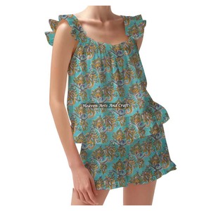 Luxury Shorts Pajama Set Premium Cotton Block Print Spring/Summer Floral Fitted Strappy Ruffle <b>Trim</b> Sleeves PJ Set - Product Image 5
