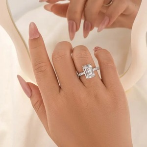 Trendy Look 5.5 Carat 925 Moissanite <b>Emerald</b> Cut Hidden Halo Engagement <b>Ring</b> Travel <b>Ring</b> Sterling <b>Silver</b> White Gold Plated Women - Product Image 4