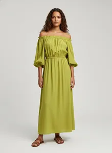 Ladies <b>Boho</b> Cotton Linen Maxi <b>Dress</b> Off Shoulder 3/4 Sleeve Elastic Waist Adjustable Tie Loose Fit <b>Long</b> <b>Dress</b> - Product Image 4