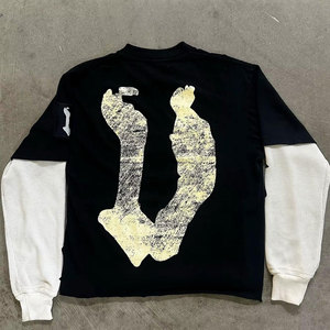 T-shirt noir surdimensionné à manches longues avec impression photo Saint 93 Streetwear, haut en coton tricoté à col rond pour homme - Product Image 2