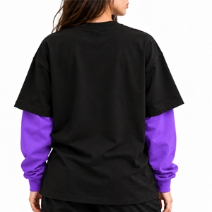 T-shirt double couche pour femme, coupe ample moderne, manches courtes, imprimé graphique, épaules tombantes, col rond, style streetwear - Product Image 2