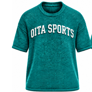 T-shirt en maille vert sarcelle pour homme, à manches courtes, col rond, texturé, décontracté, imprimé sur mesure, streetwear, mode estivale, vente en gros - Product Image 1