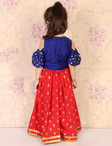 Conjunto de Ropa para Niñas, Top Azul con Hombros Descubiertos y Falda Larga Roja, Estilo Étnico, Festivo, Tradicional, para Fiestas - Product Image 3