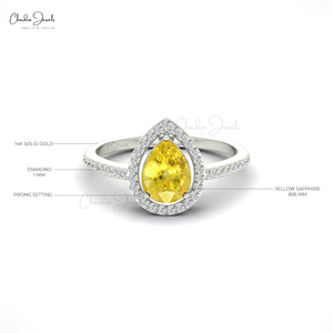 Anillo de Diamantes con Halo de Zafiro Amarillo Corte Pera de 0.17CTW, Oro Blanco Sólido de 14K, Anillo de Lujo con Piedras Preciosas, Joyería Fina para Novias, Fabricante - Product Image 2