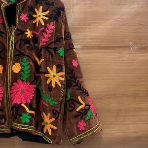 <b>Women</b> Brown <b>Velvet</b> Floral Embroidered Suzani <b>Jacket</b> Full Sleeve Stand Collar Handmade Bohemian Winter Outerwear - Product Image 4