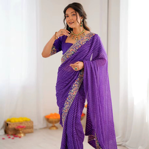 Sari en Faux Georgette de Créateur avec Broderie de Fil et de Paillettes, Imprimé Badhani, Sari Élégant pour Soirée avec Blouse en Soie - Product Image 1