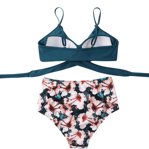 Ensemble bikini deux pièces pour filles, bas taille haute, haut bandeau avec détail cordon de serrage, Spandex/Polyester, anti-UV - Product Image 5