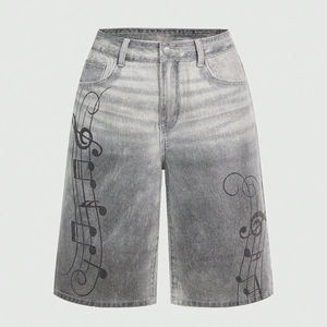 กางเกงยีนส์ขาสั้นสีเทาแบบวินเทจสไตล์เรโทรสำหรับผู้หญิง ทรงเอวกลาง พิมพ์ลายโน้ตดนตรี ยี่ห้อ Up Felt Custom - Product Image 5