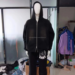 Sweat à capuche Streetwear personnalisé sans ficelle polaire vierge fermeture éclair Vintage double couche lavage à l'acide soleil délavé sweats à capuche en détresse pour hommes - Product Image 4