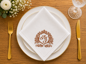 Serviette en lin blanc de qualité supérieure avec broderie monogramme |   Serviette de table personnalisée brodée avec un élégant motif de blason brun - Product Image 4