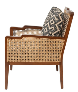 Sillón de madera moderno de mediados de siglo con respaldo de mimbre y tapicería geométrica, silla de sala de estar con estructura de madera maciza hecha a mano - Product Image 4