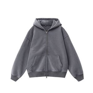 เสื้อฮู้ดซิปผู้ชายทรงโอเวอร์ไซส์ สีพื้น ผ้าฟลีซ สวมใส่สบายๆ สำหรับฤดูใบไม้ร่วง ทรงปกติ ผ้าฝ้ายถัก - Product Image 3