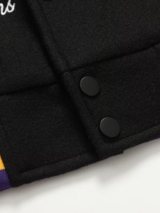 Custom Men's Black With <b>Purple</b> Gold Embroidery Lettering And Patch Designs Leather Sleeve High Street <b>Varsity</b> Baseball <b>Jacket</b> - Product Image 6