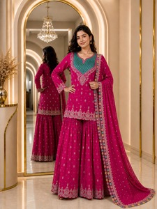 Conjunto de traje Sharara de seda al por mayor con bordado elaborado, yoke en contraste, Gharara acampanada, Dupatta festiva para bodas indias y pakistaníes - Product Image 2