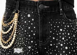 Shorts en jean délavé uni pour homme avec strass, taille haute élastique, style urbain, idéal pour l'été - Product Image 5