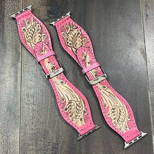 Cute Pink Women Hand Tooled Genuine Leather Watch Bands Stylish Full Size Pin <b>Buckle</b> Replacement Smart Watch <b>Strap</b> for Gifts & - Product Image 4