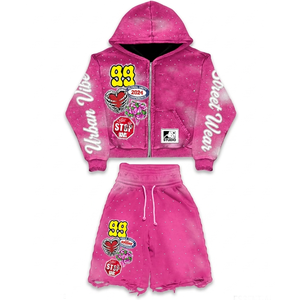 Premium GSM Cotton Fleece Pink <b>Men</b> Hoodie <b>Short</b> Set Rhinestone Print Chenille <b>Patch</b> Custom Logo Wear Hoodie <b>shorts</b> set for <b>men's</b> - Product Image 1