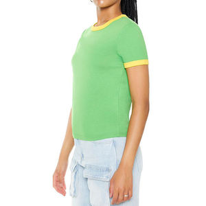 T-shirt court vert à col rond et manches courtes pour femme, couleur unie, décontracté, en jersey tricoté 100% coton, coupe classique, printemps-été - Product Image 4