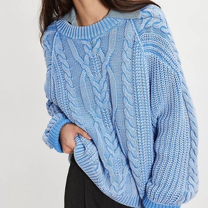 Pull en tricot torsadé bleu clair 100 % acrylique pour femme, style décontracté, col rond, manches lanternes, épais, tricoté à la main, pour l'hiver - Product Image 1