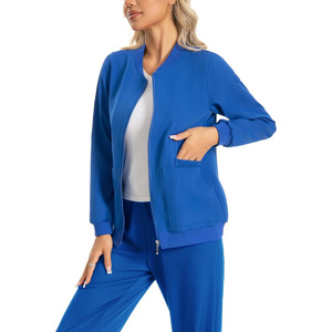 Blouse médicale bleue pour femme en polyester et nylon tricoté micro-extensible, ensemble uniforme d'hôpital avec poches zippées et détection d'aiguilles - Product Image 5