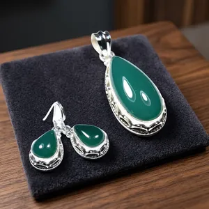 925 Sterling Silver Green Onyx Jewelry Set Teardrop Pendant Earrings Ring Bezel Setting Women's Classic Everyday Wear - Product Image 2