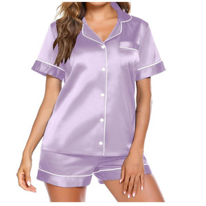Ensemble pyjama en satin noir à manches courtes pour femmes, avec col rabattu et fermeture boutonnée, vêtements de nuit d'été - Product Image 3