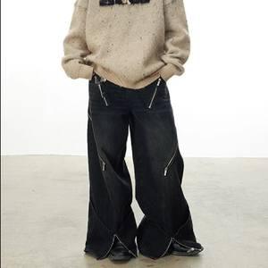 <b>Men's</b> Wide Leg Denim <b>Jeans</b> <b>High</b> <b>Waist</b> Loose Fit Stonewashed Cotton Streetwear Style With Zippers Autumn Wear - Product Image 1