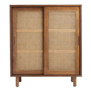 Midcentury Modern Wood Sideboard with <b>Sliding</b> Rattan <b>Doors</b> and Legs - Product Image 1
