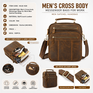 Sac messager en cuir véritable Buff Crunch pour homme, sac à bandoulière multi-compartiments, sac de travail, couleur beige - Product Image 6