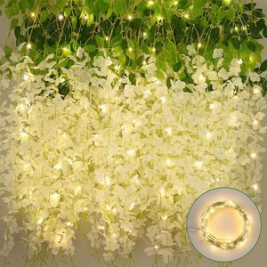 Guirnaldas y coronas de flores colgantes de glicinia blanca BLEUM CADE con luces para bodas - Product Image 1