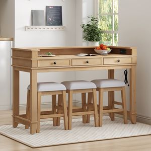 Juego de Mesa de Bar Multifuncional de 4 Piezas en Gris, Incluye 3 Taburetes Tapizados y 3 Cajones para Islas y Carritos de Cocina - Product Image 1