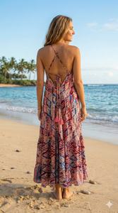 Vestido maxi coreano de talla única, estilo Y2K geométrico, bohemio natural, largo hasta el suelo, de seda tejida, corte en A, sin mangas, con dobladillo con volantes, para uso diario, dulce y elegante. - Product Image 3