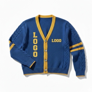Cardigan en tricot bleu pour femme avec bordure jaune et logo sur la manche, style preppy, vêtement d'automne - Product Image 1