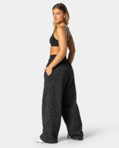 Women's Grey Black Leopard Print Wide Leg Sweatpants <b>Elastic</b> <b>Waist</b> Loose Fit Casual Full Length <b>Trousers</b> - Product Image 4