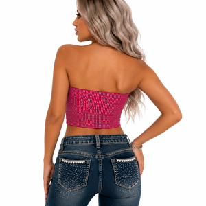 Trendy Women Hot Pink Luxury Rhinestone Tube Crop Top Stretch Fit Party Streetwear Fashion Bandeau OEM Women's Shirts Supplier - Product Image 2