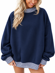 Sweat-shirt oversize à col montant, coupe décontractée, avec bordure à carreaux, style streetwear, impression de logo personnalisée - Product Image 3