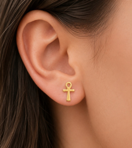 Pendientes de Plata de Ley 925 con Baño de Oro de 18K, Diseño Minimalista de Cruz Ankh, Unisex, para Uso Diario, Joyería Fina, Regalo para Ella - Product Image 2