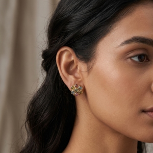 925 Sterling Silver Gold Plated Bezel Setting Multi Tourmaline <b>Stud</b> Earrings Handmade Gemstone Floral Luxury Wedding Party - Product Image 1