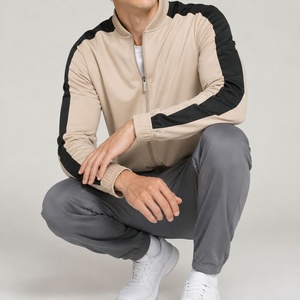 Veste de survêtement beige à capuche pour homme, rayures noires, manches longues, cordon de serrage, poches latérales, coupe classique, décontractée, couleur unie, automne - Product Image 5