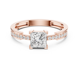 Bague de fiançailles en or rose avec diamant de laboratoire taille princesse et accents pavé pour femme, alliance solitaire moderne, cadeau - Product Image 3