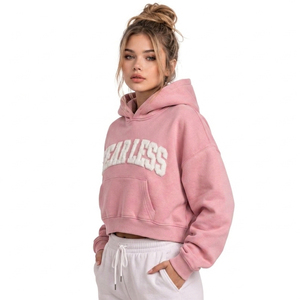 เสื้อฮู้ดครอปพิมพ์ลาย Fearless ทรงโอเวอร์ไซส์ ผ้าฟลีซสีชมพู ใส่ได้ทั้งชายหญิง สำหรับฤดูใบไม้ร่วง มีกระเป๋าด้านหน้า - Product Image 5